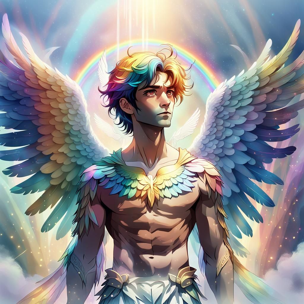 Majestic Angel with Rainbow Wings in Anime Style