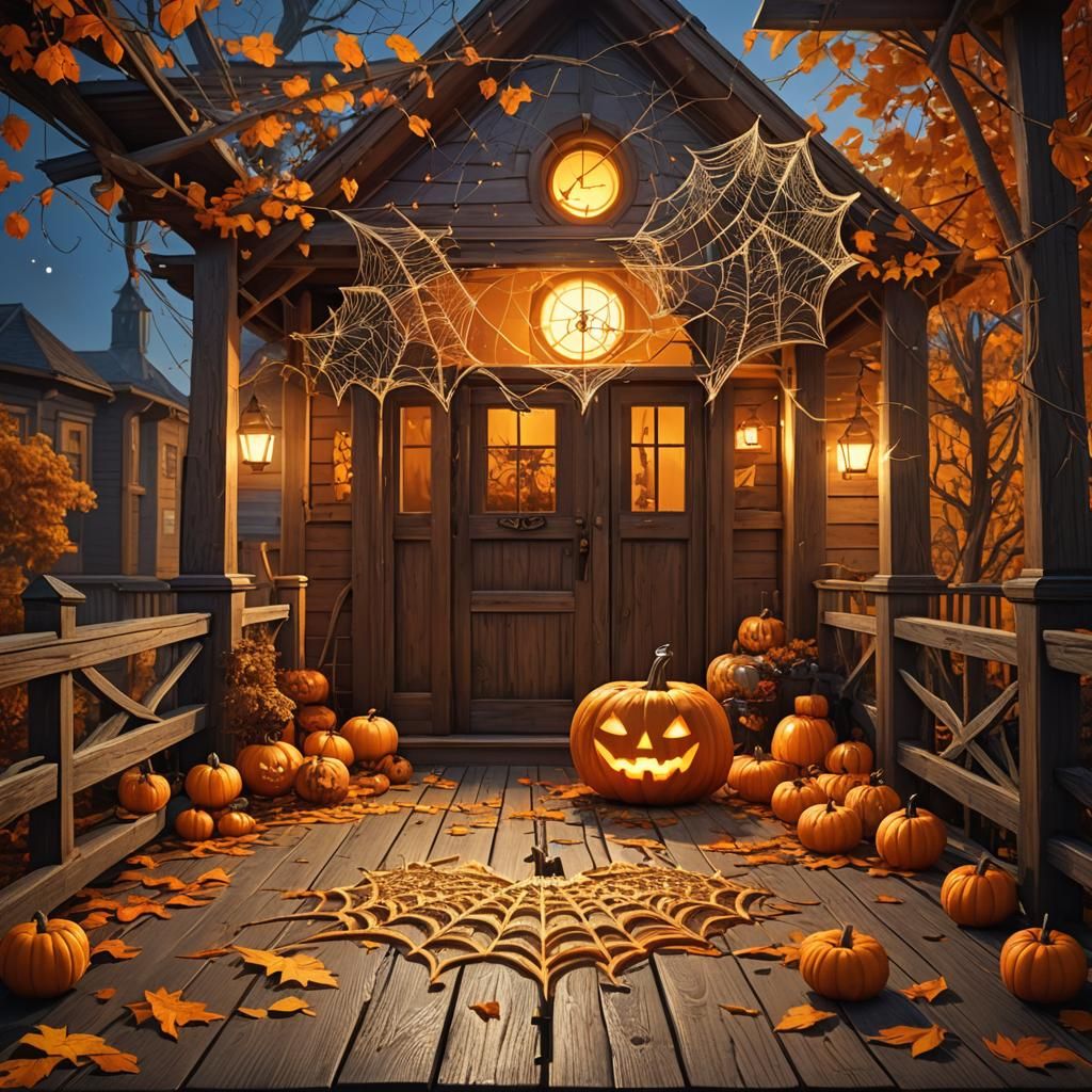 Festive Jack-o'-Lantern on a Wooden Porch