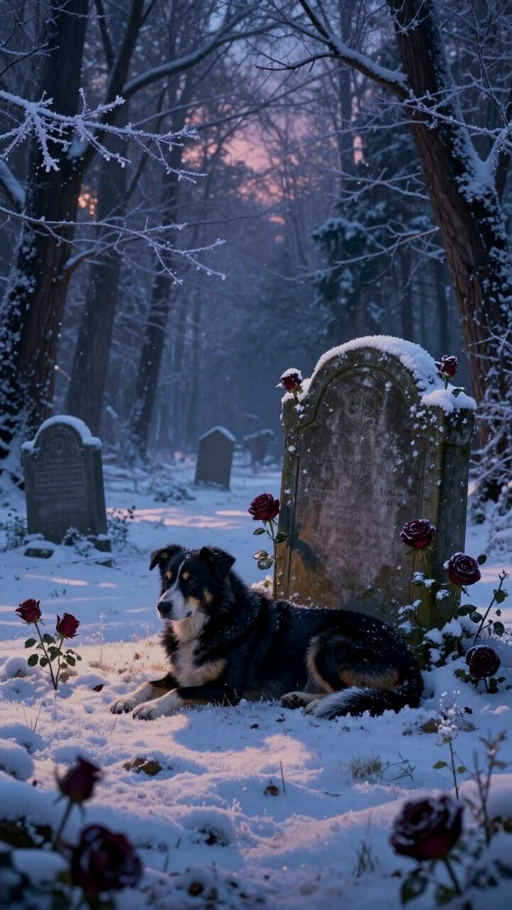 Serene Snowy Graveyard With Black Dog and Ethereal Lighting