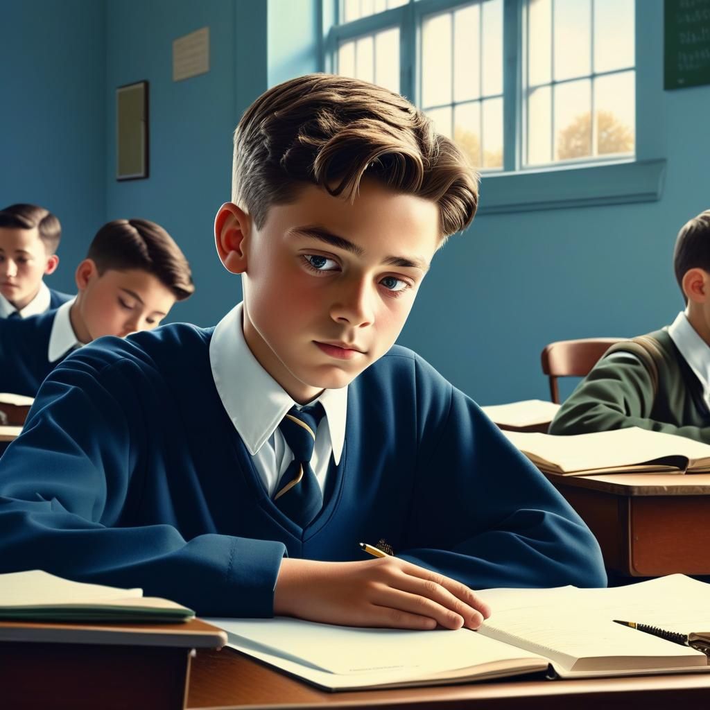 Boy in Classroom: Digital Illustration in Rockwell Style