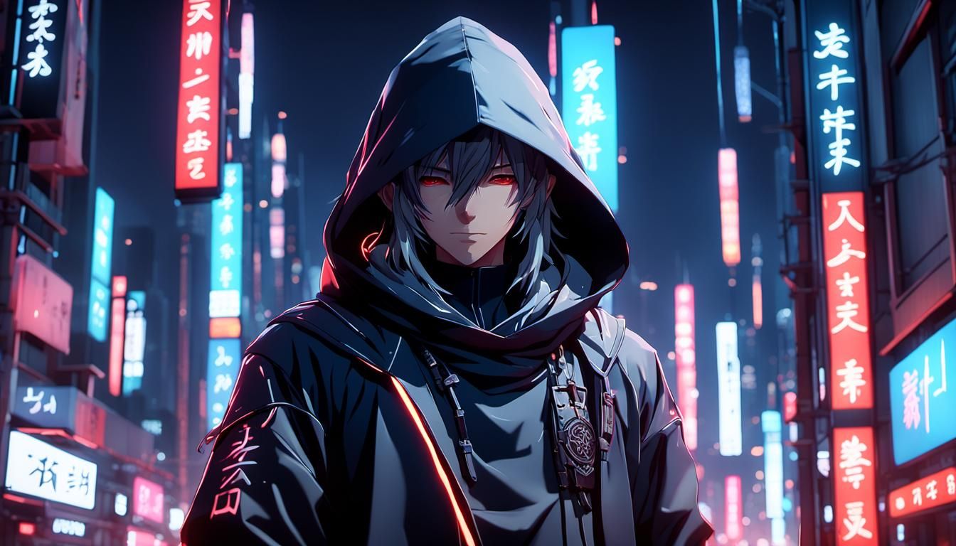 Stylish Anime Informant in Neon Cityscape