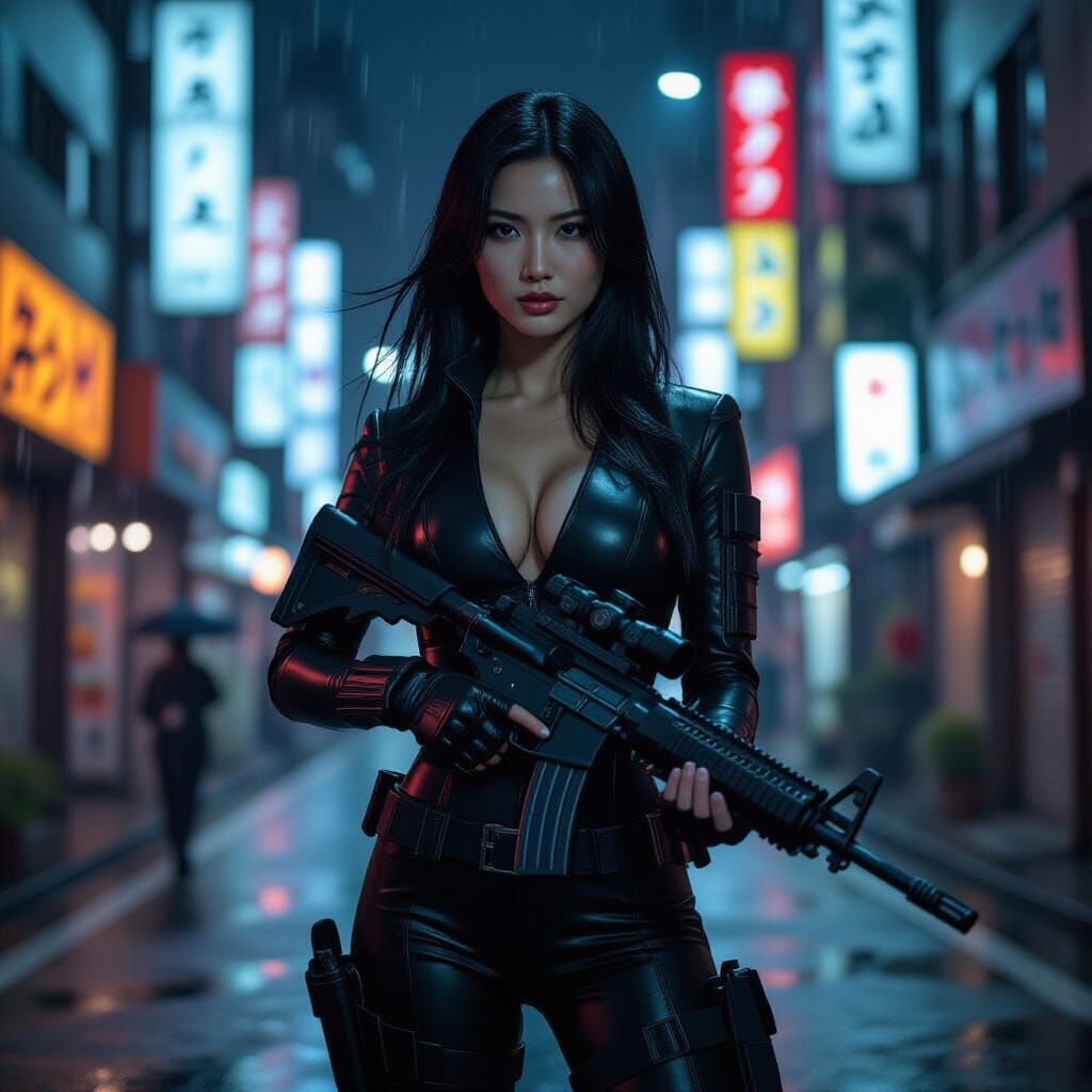 Asian Woman in Tactical Suit with MP40 in Neon Tokyo