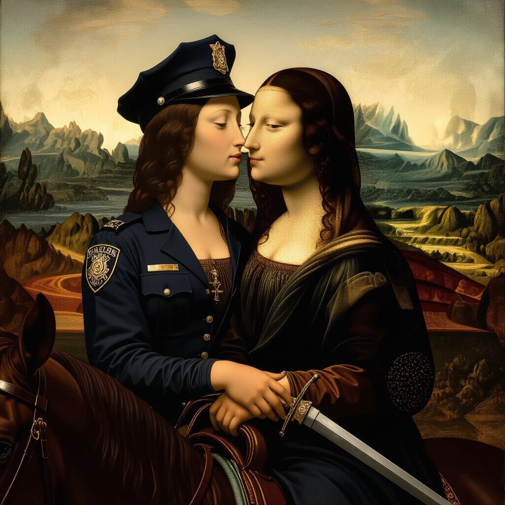 Mona Lisa as Police Officer on Horseback with Sword