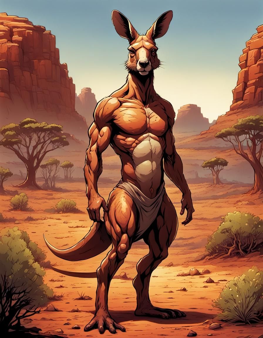 big muscular kangaroo humanoid hybrid standing in the outback