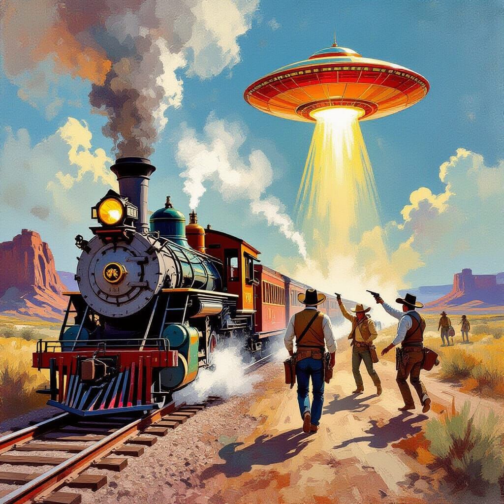 Wild West Train Robbery Meets Aliens in Textured Gouache