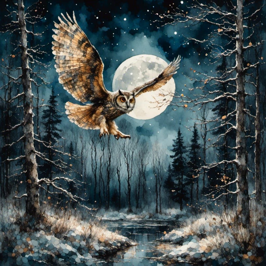 Nocturnal Owl in Flight with Colorful Accents
