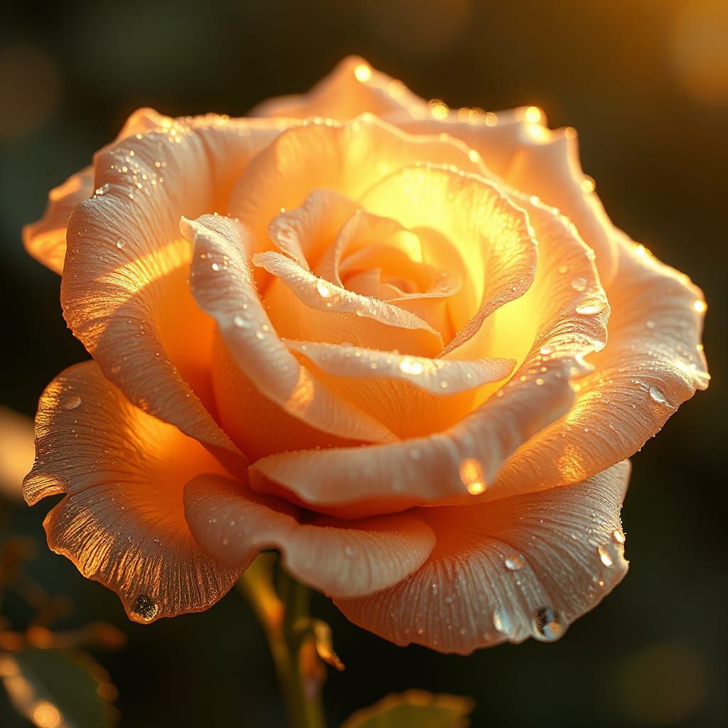 Glowing Spider Silk Rose in Sunrise Light, Macro Fantasy Art
