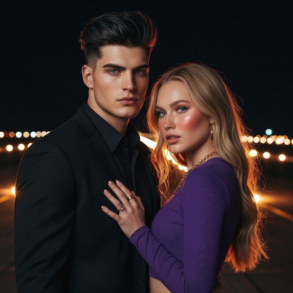 Couple in Dramatic Pose on Airplane Runway at Night