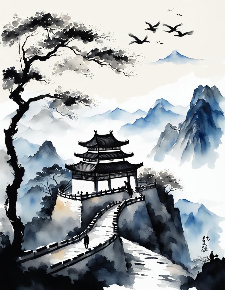 Elegant Chinese Landscape in Watercolor