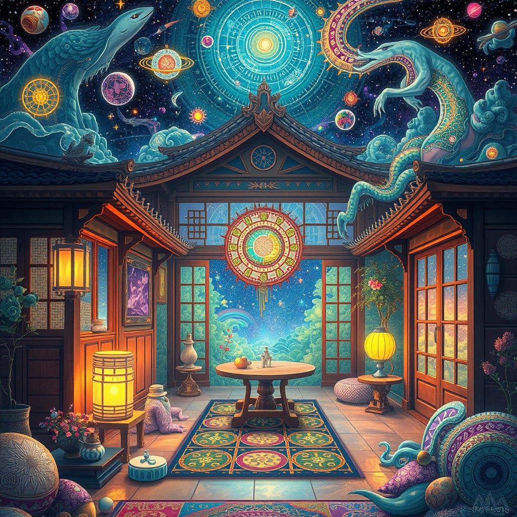 Dreamlike Ukiyo Home in Cosmic Holographic Style