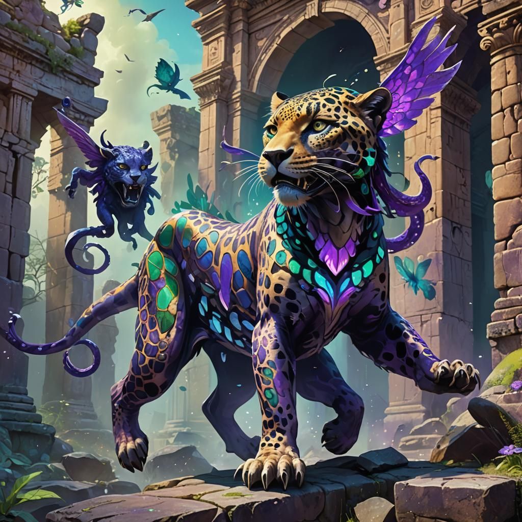 Mystical Three-Headed Jaguar Soaring Over Ancient Ruins