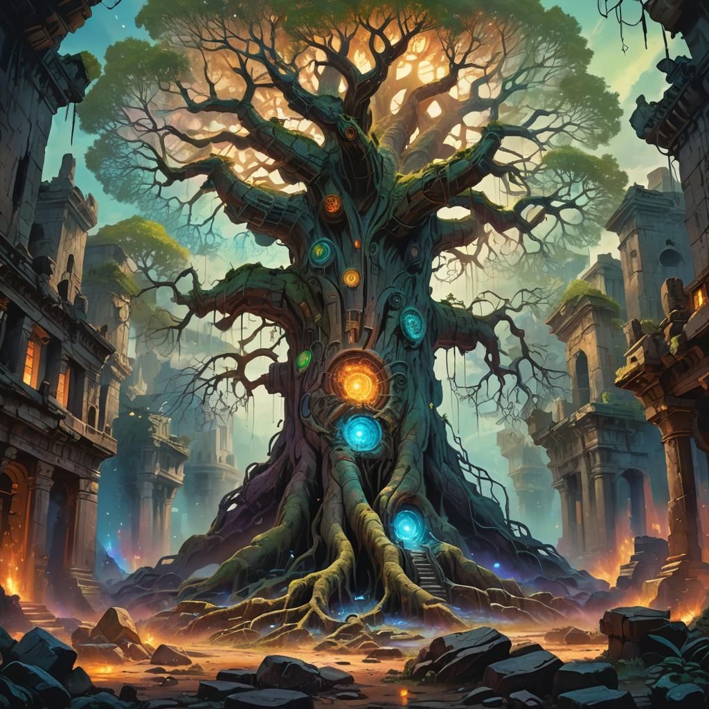 Colossal Tree in Forgotten City: Dreamlike Oil Painting