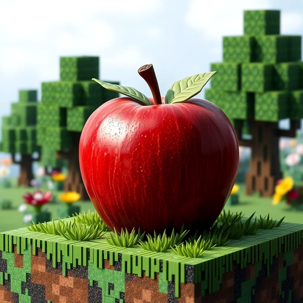 Vibrant Apple in a Blocky Minecraft Landscape