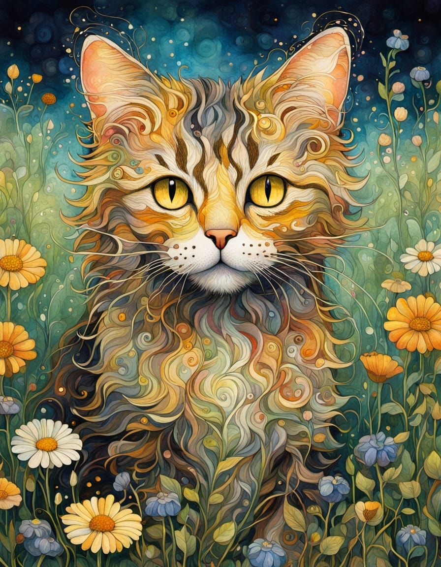Golden Hour Feline in Vibrant Wildflowers
