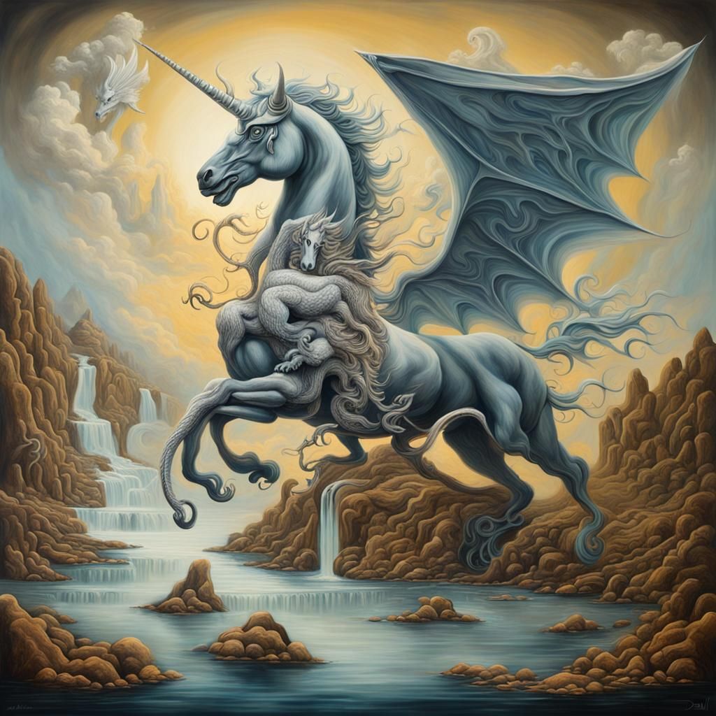 imagine a classic mythical creature (unicorn, dragon, griffin) with a modern twist and unexpected details, A conceptuall...