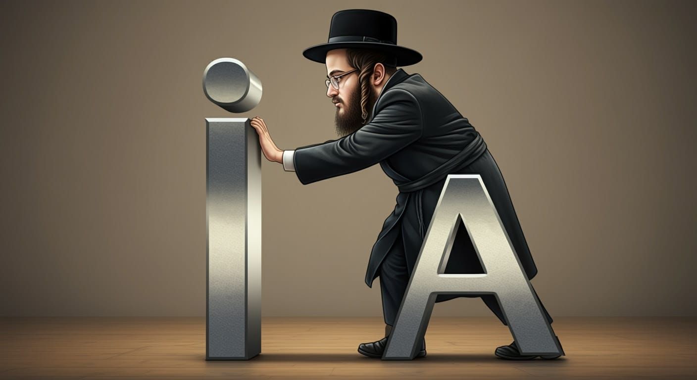 Hasidic Nerd Manipulates Giant Letter in Comic Style