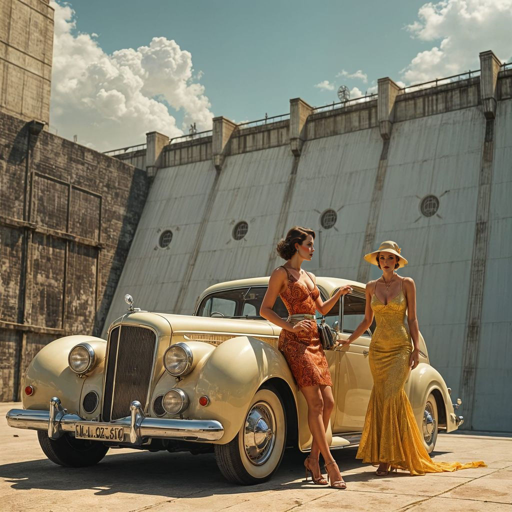Elegant Socialites at Historic Dam in Art Deco Style