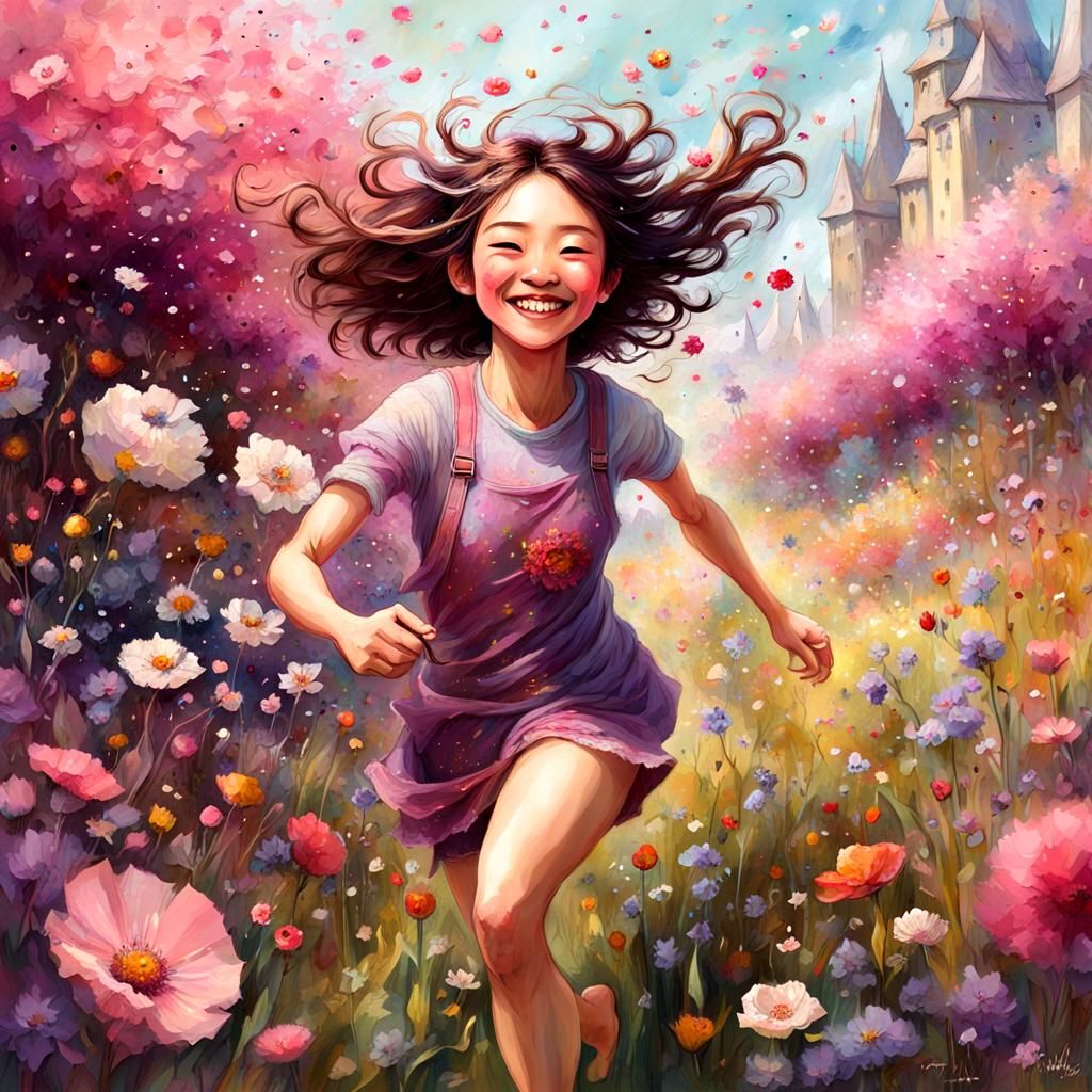 Happy Girl in Spring Meadow: Art Brut Style