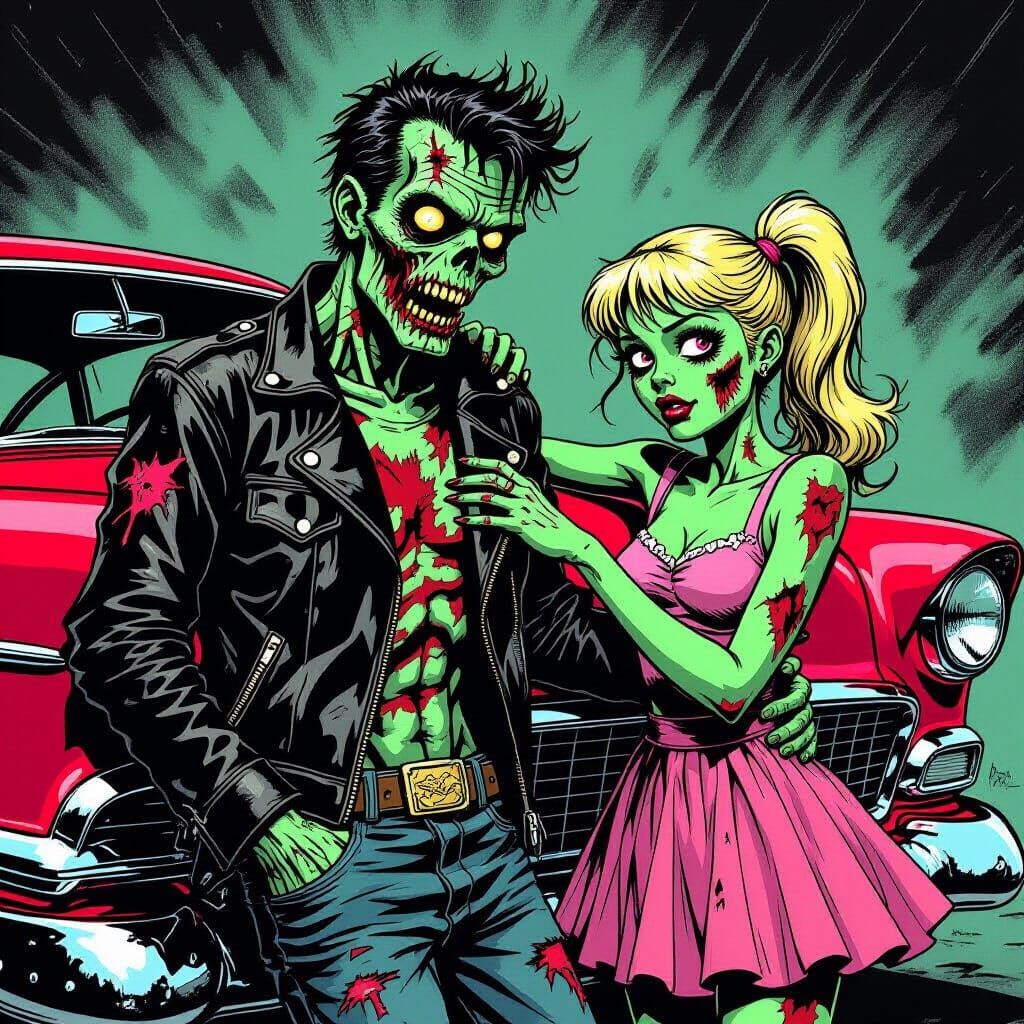 Greaser Zombie Couple Poses with Classic Car