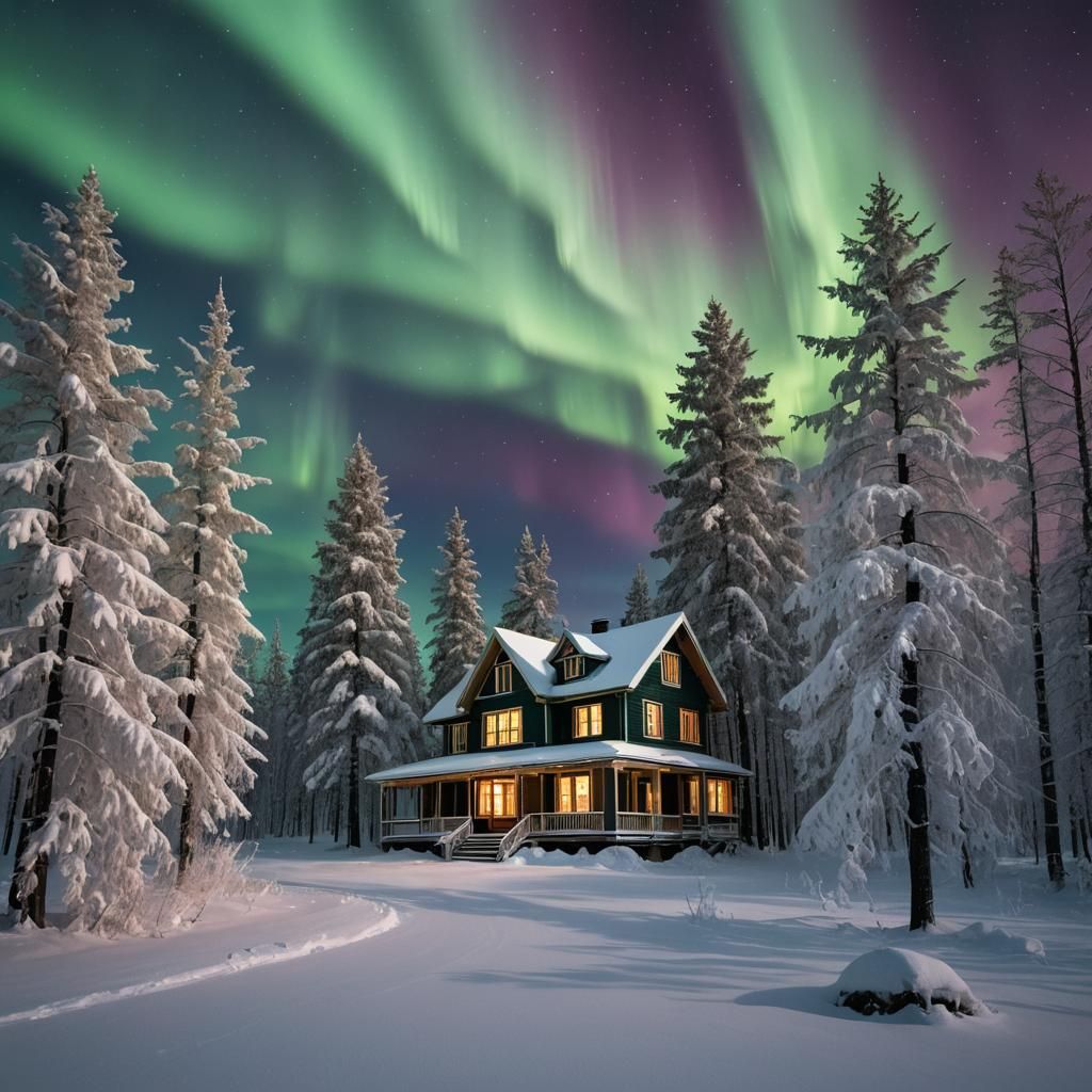 Aurora Borealis Over Luxurious Home: Dark Fantasy Art