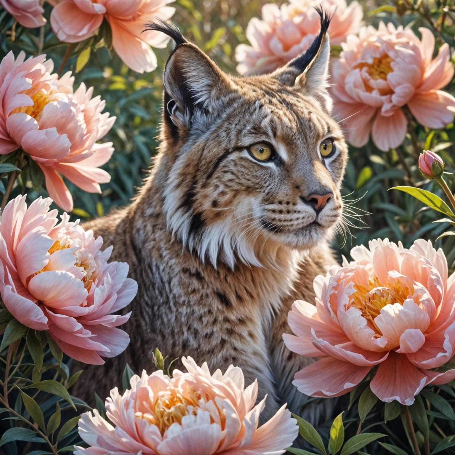 Cute Fluffy Lynx Hides in Vibrant Peonies