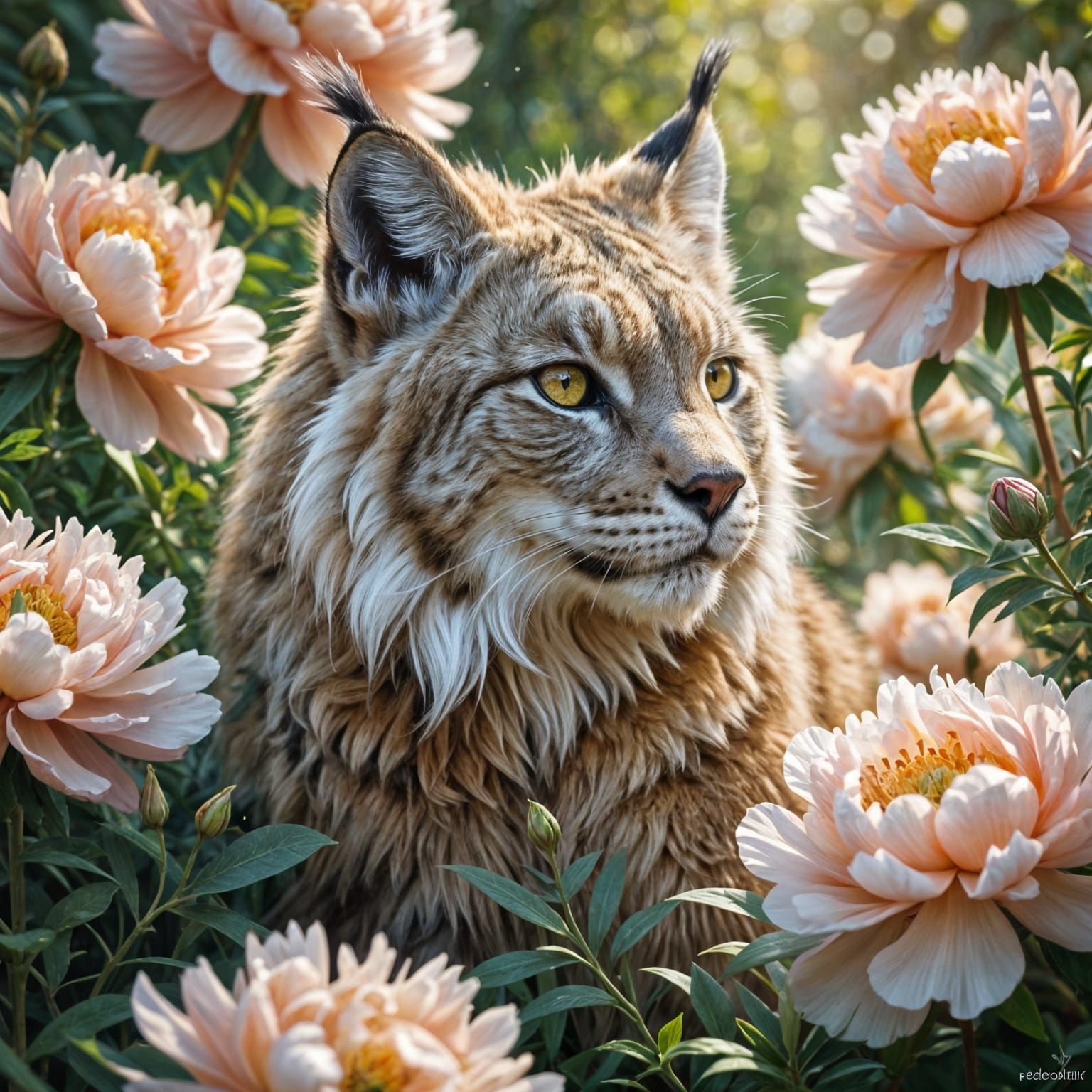 Fluffy Lynx Hiding in Peonies: An Adorable Portrait