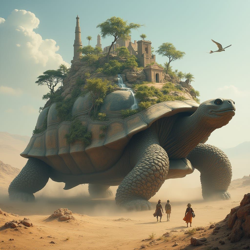 Imagine a colossal tortoise, its shell a verdant landscape o...