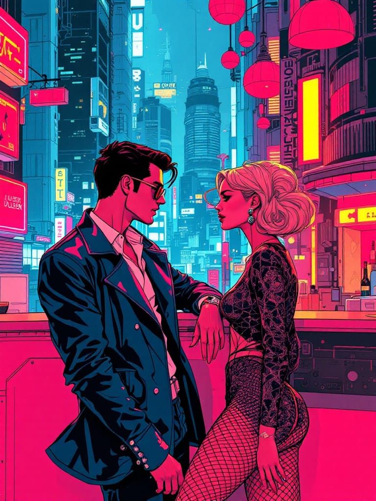 Retro-Futurist Cityscape with Woman at Bar