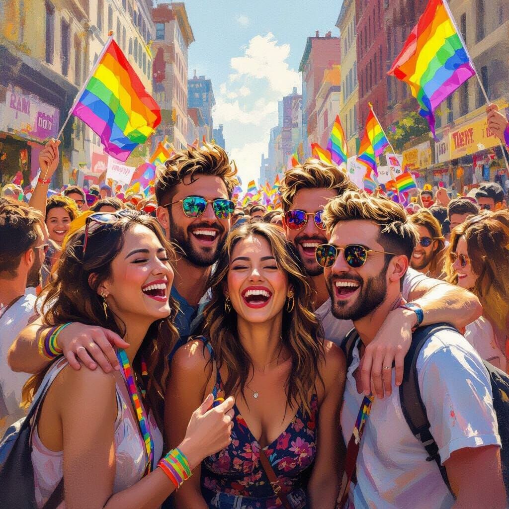 Joyful Friends at Gay Pride Parade in Golden Hour Light