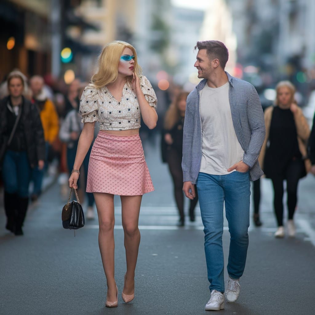 Worried Crossdresser in Mini Skirt and Wig on Crowded Street