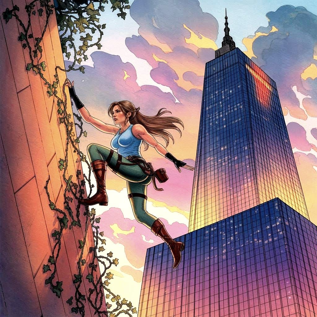 Fantastical Lara Croft Ascends Trump Tower in Dreamlike Wate...