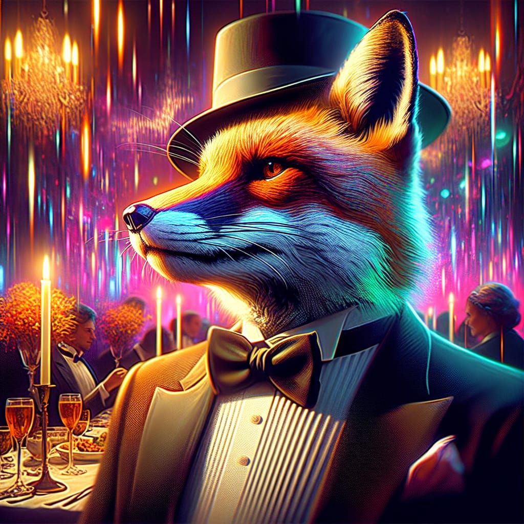 Anthropomorphic Fox in Tuxedo at Elegant Dinner Party