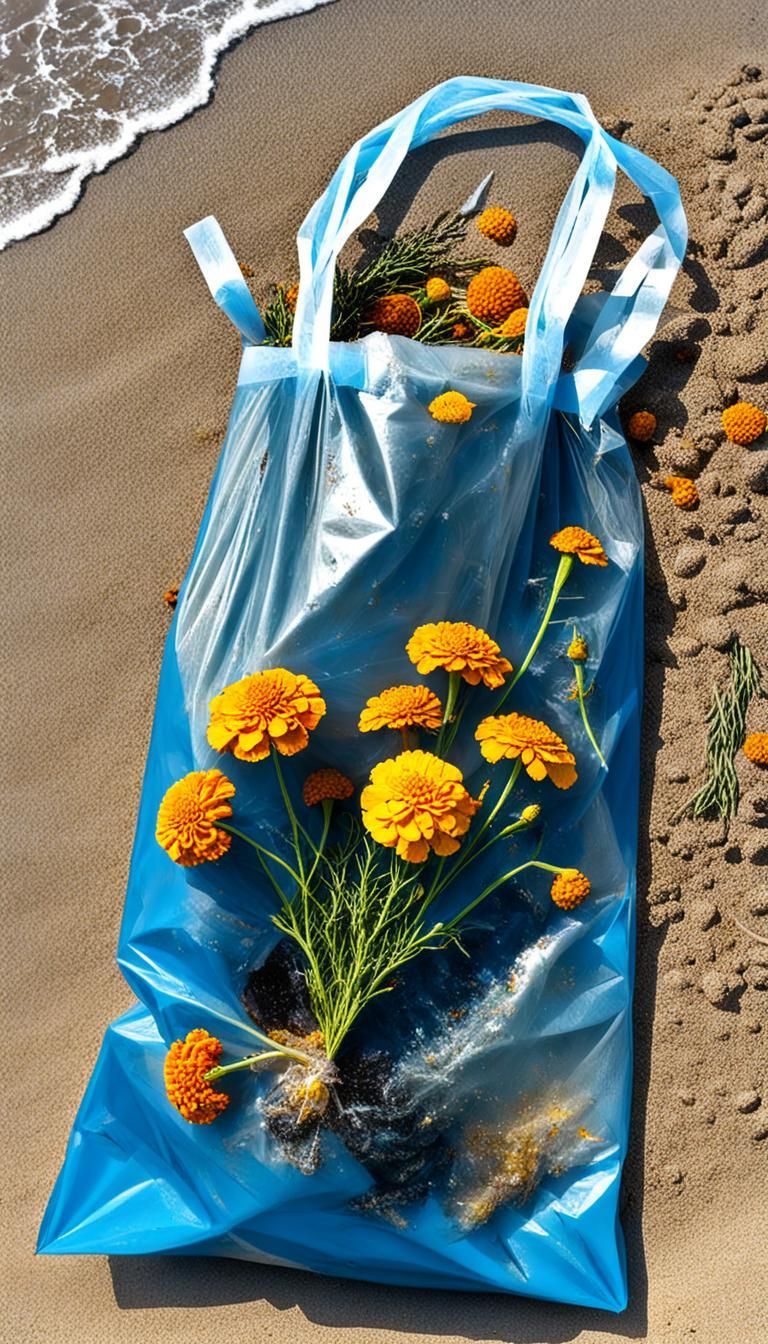 Rotten Marigolds in Plastic Bag on Beach