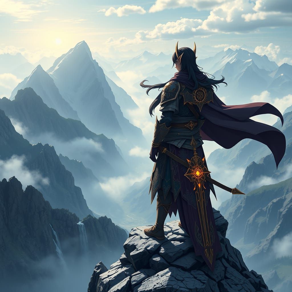 Ethereal Anime Elf Warrior Dominates Windswept Mountain Land...