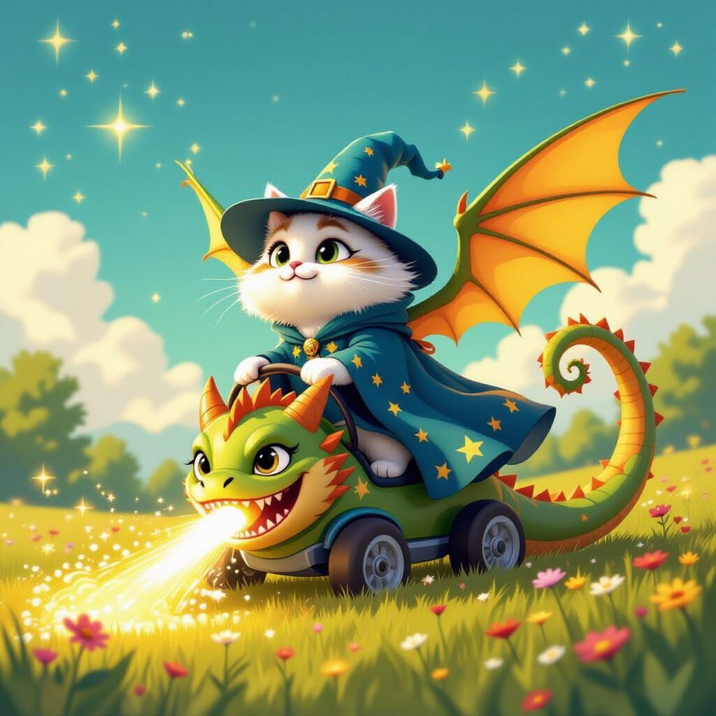 Wizard Cat Rides Dragon Vacuum Over Meadow in Cartoon Style