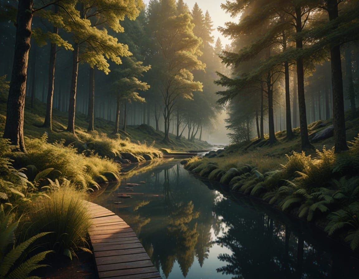 Tranquil Forest Trail at Dusk: Digital Matte Painting