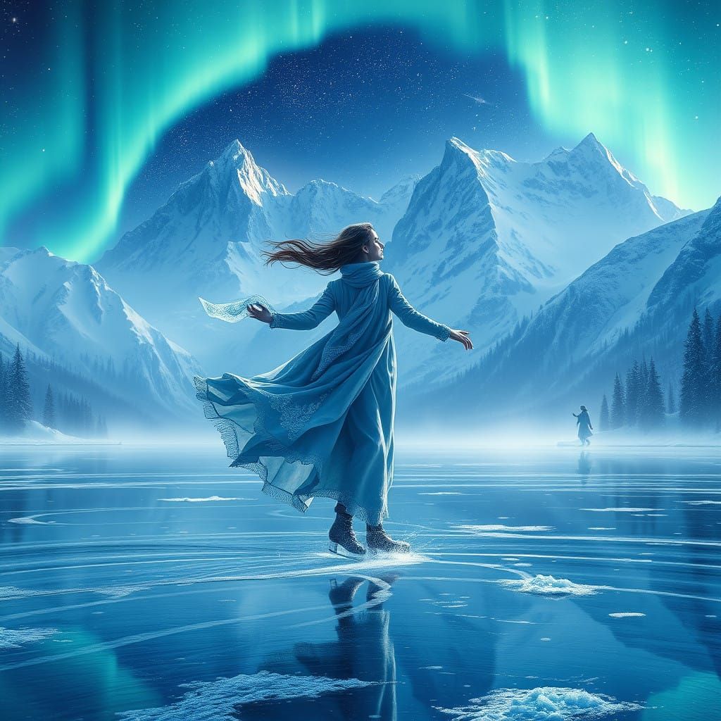 Ethereal Woman Glides Across Frozen Mountain Pond Under Cele...