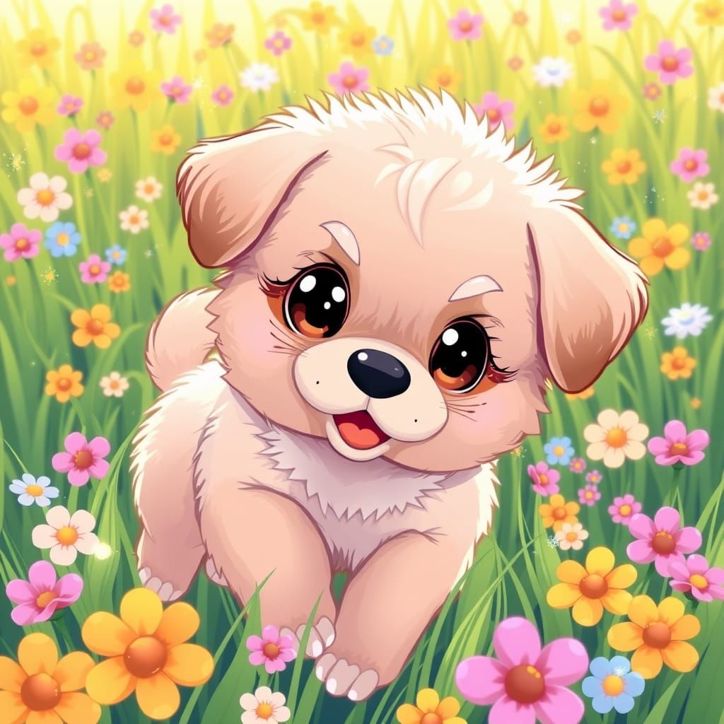 Kawaii Puppy Plays in Vibrant Green Meadow