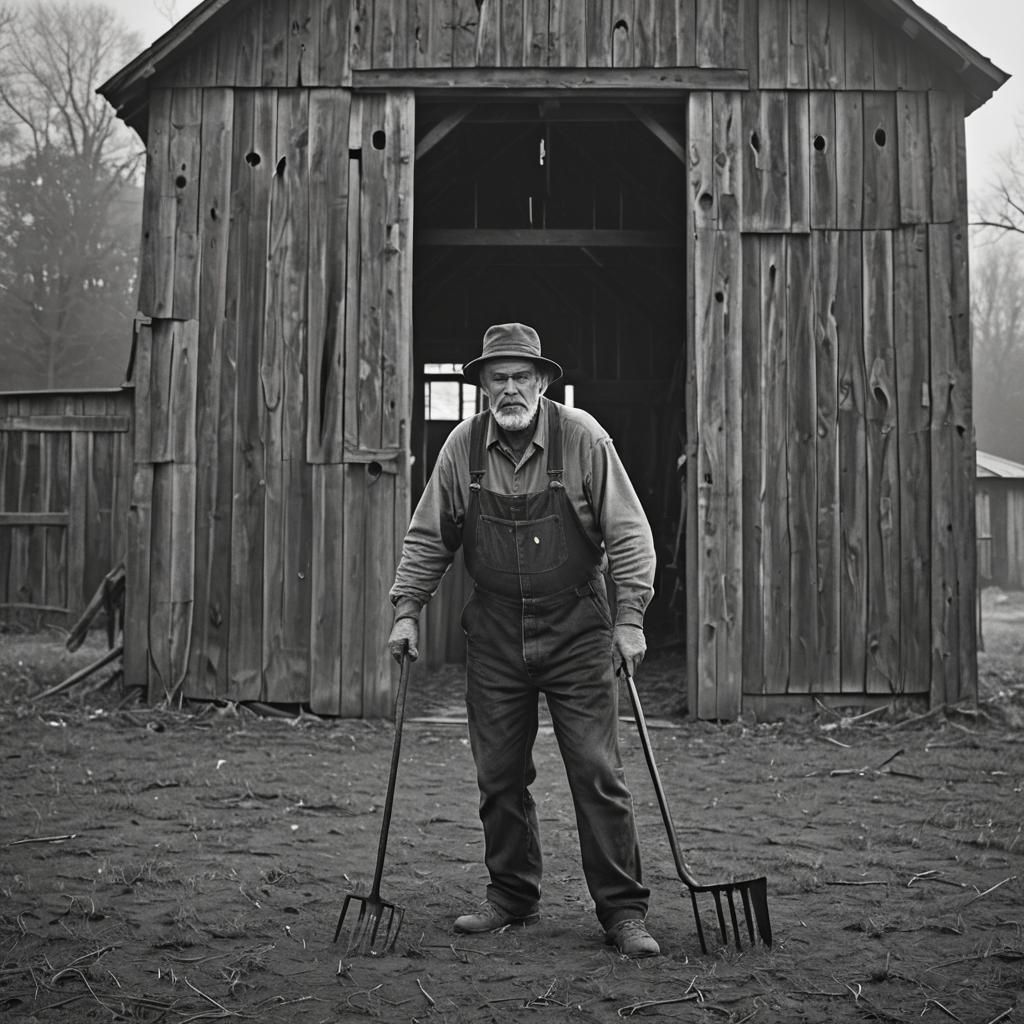 Sinister Farmer with Pitchfork in Black and White