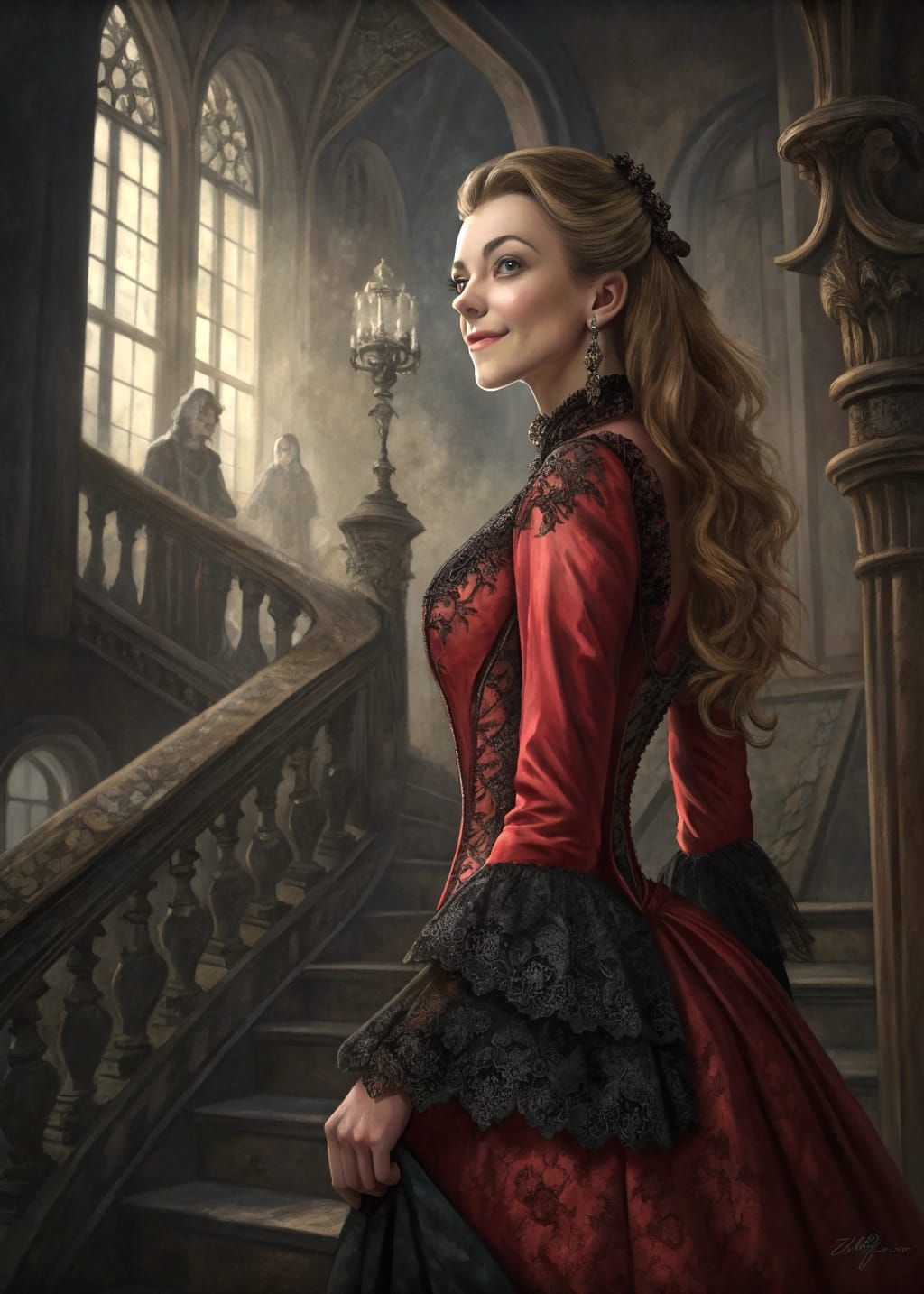 Victorian Woman in Gothic Mansion, Oil Painting