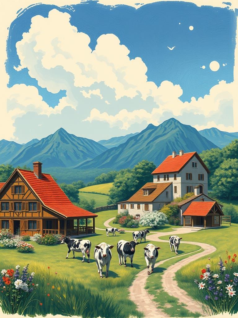 Idyllic Post-Impressionist Dairy Farm Scene