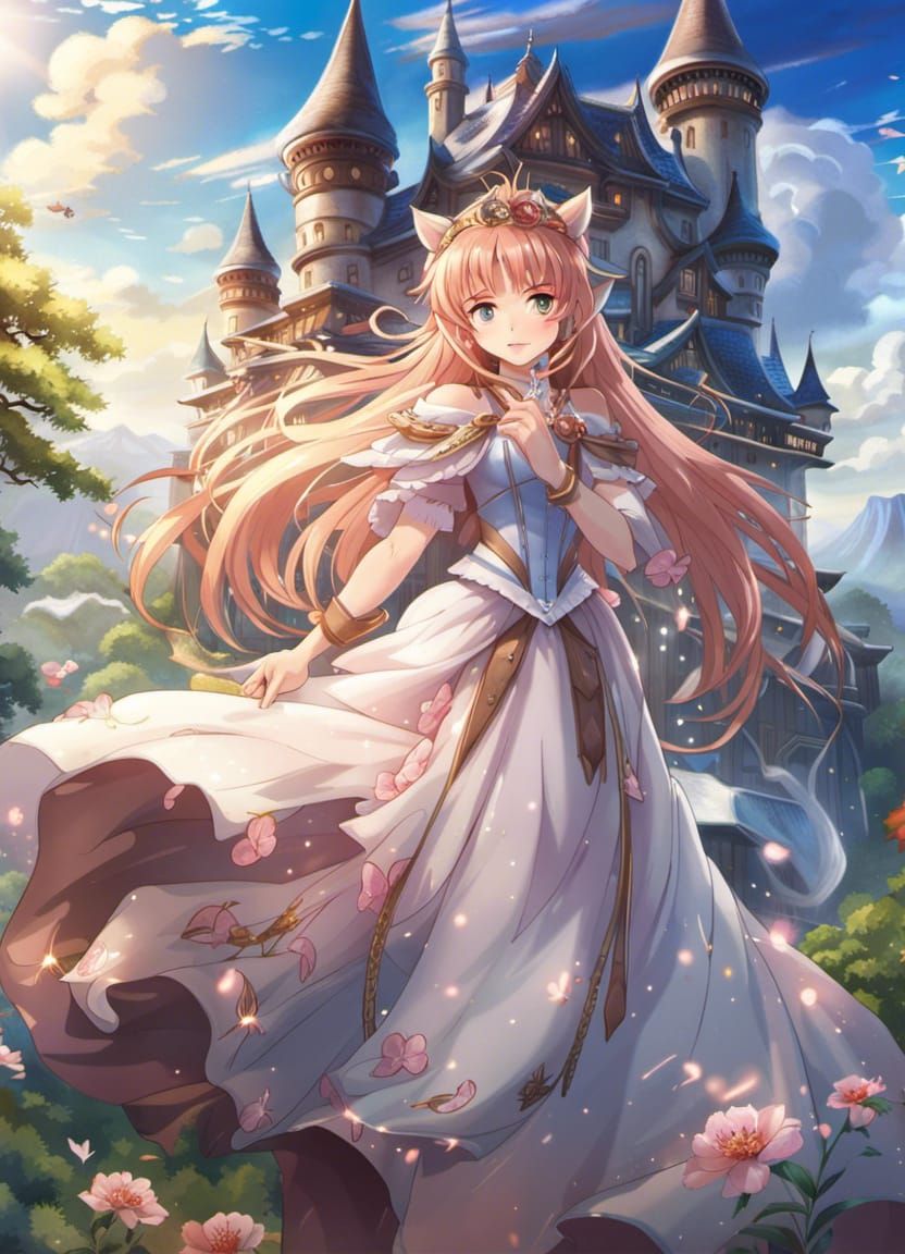 Fantasy Castle with Knight and Cat-Girl in Ukiyo-e Style