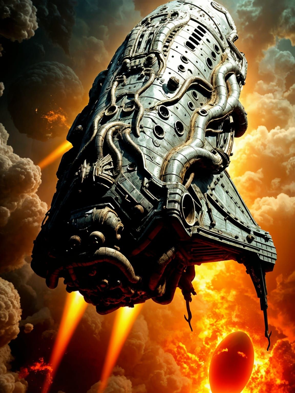 Colossal Bio-Mechanical Alien Spaceship in Flight