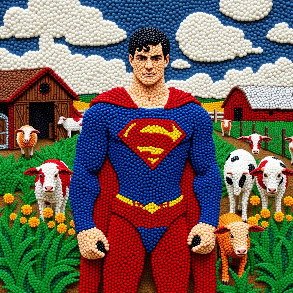 Superman on the Farm as Mosaic Beadwork