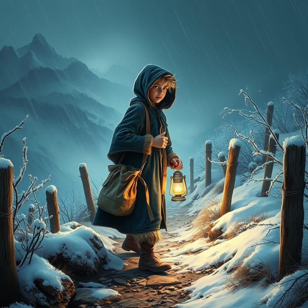 Boy's Snowy Mountain Trek: Magical Realism Image