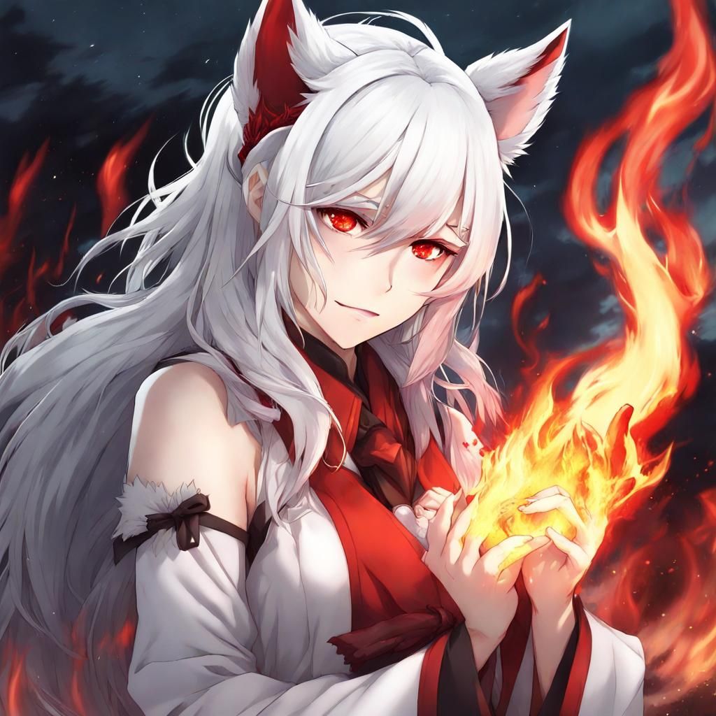 Anime Demon Girl with Wolf Ears in Hellfire