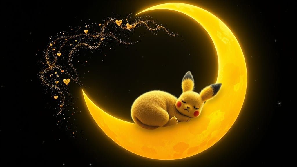 Pikachu Basks on a Glowing Crescent Moon