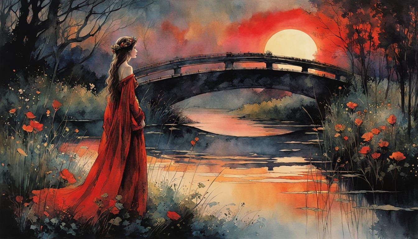 Ethereal Lady Amidst Celestial Eclipse Over Swampy River