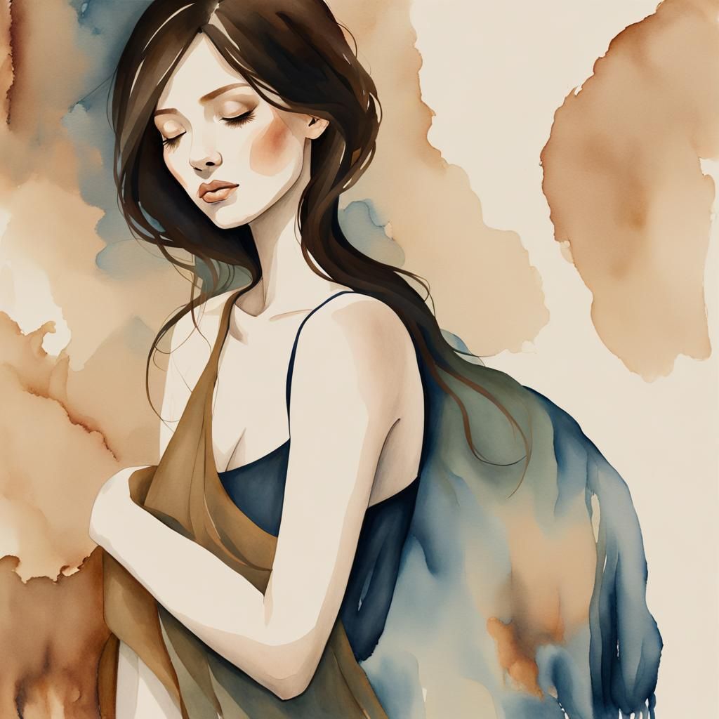 Peaceful Woman in Watercolor Portrait: Echoes of Silence