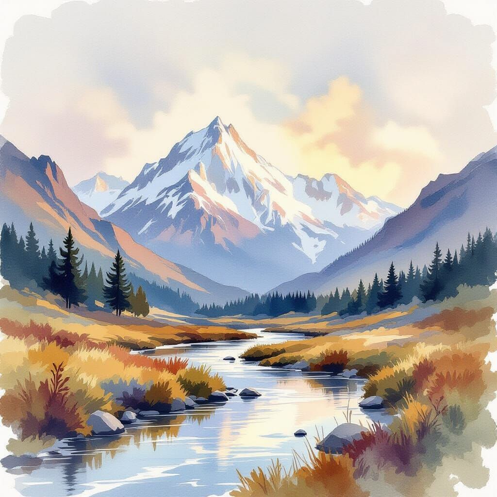 Watercolor Valley Stream Leading to Snow-Capped Mountain